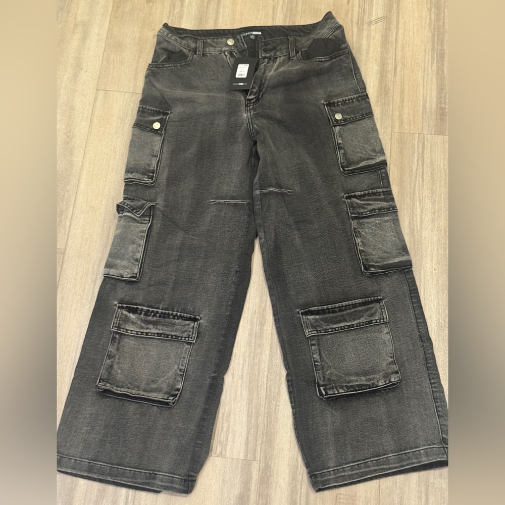 Fashion Nova Charcoal Cargo Wide Leg Jeans